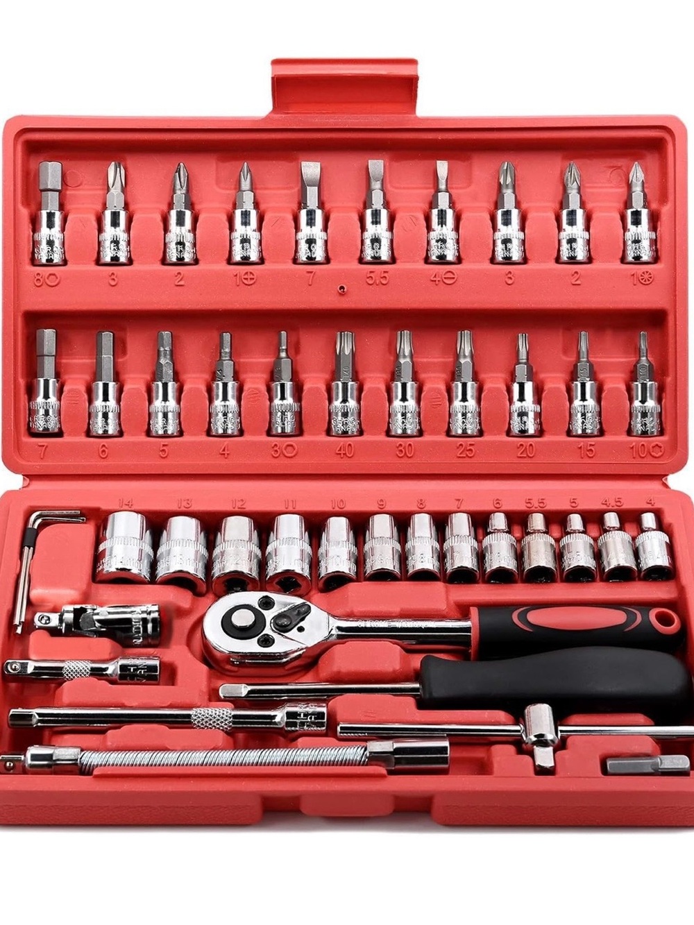 46 Pieces 1/4 inch Drive Socket Ratchet Wrench Set, with Bit Socket Set Metric a
